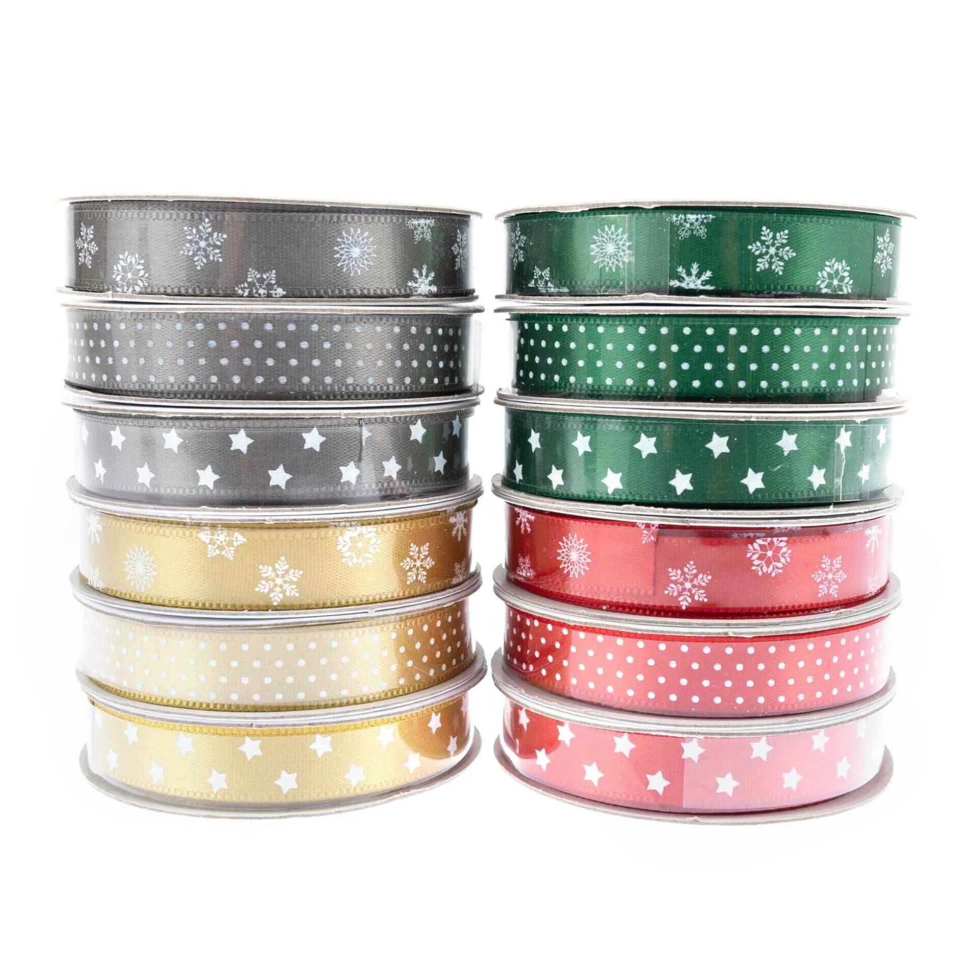 Assorted Snowflake And Dot Christmas Ribbons 12 Pack-Hobbycraft Clearance
