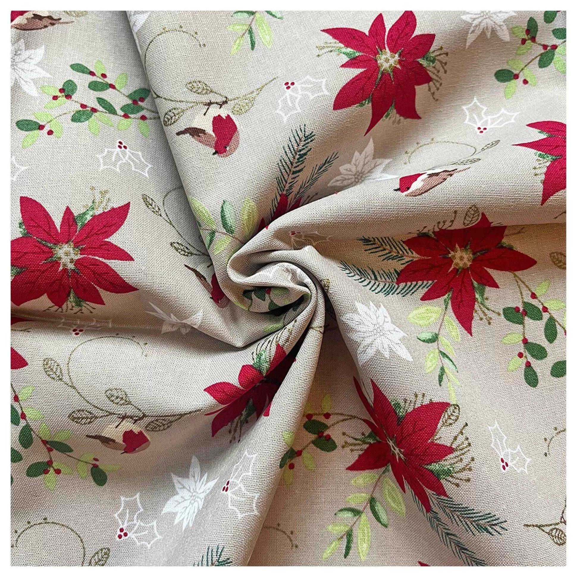 Traditional Poinsettia And Robin Cotton Fabric Pack 112Cm X 1M-Hobbycraft New